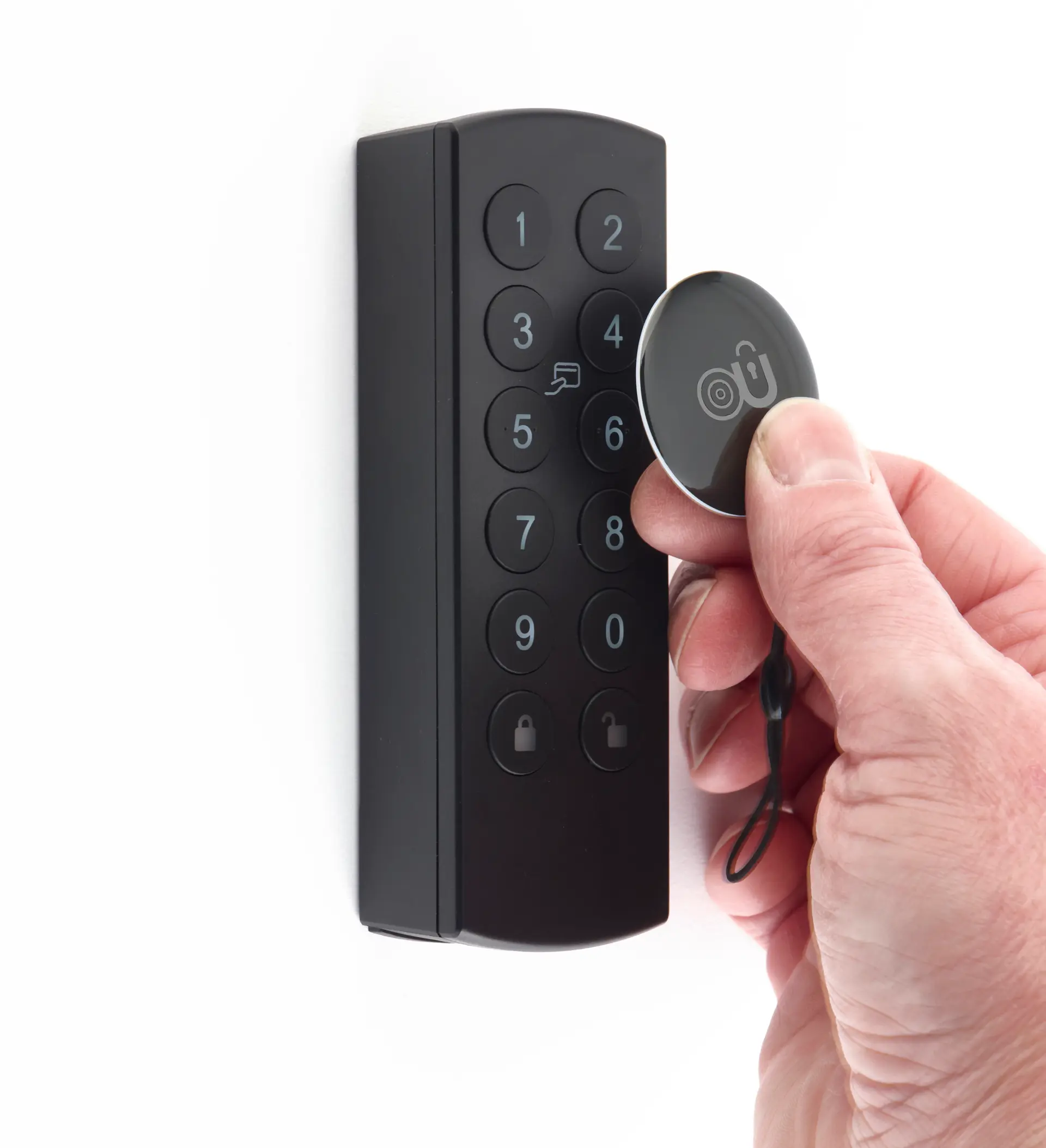 Close-up of AK TOUCH SECURE™ smart door lock with PIN and fob access, offering secure, keyless entry and easy installation for modern homes.