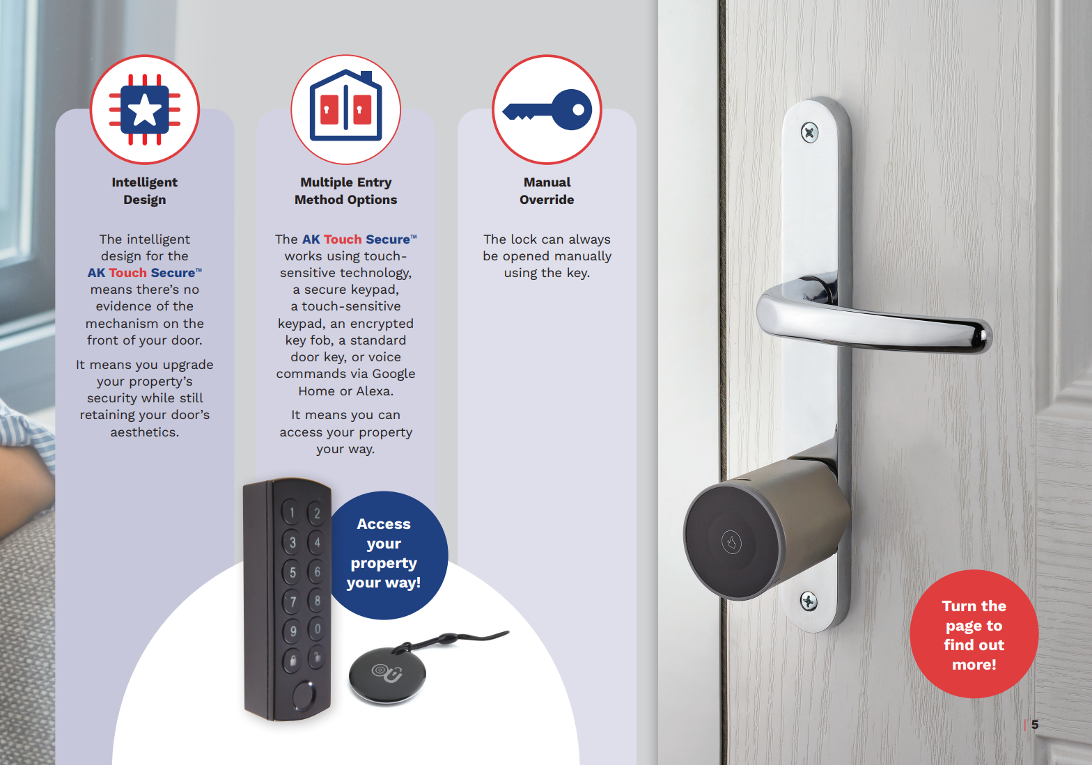 Close-up of AK Touch Secure smart door lock installed on a wooden door, showing sleek handle design and keypad entry for modern home security.