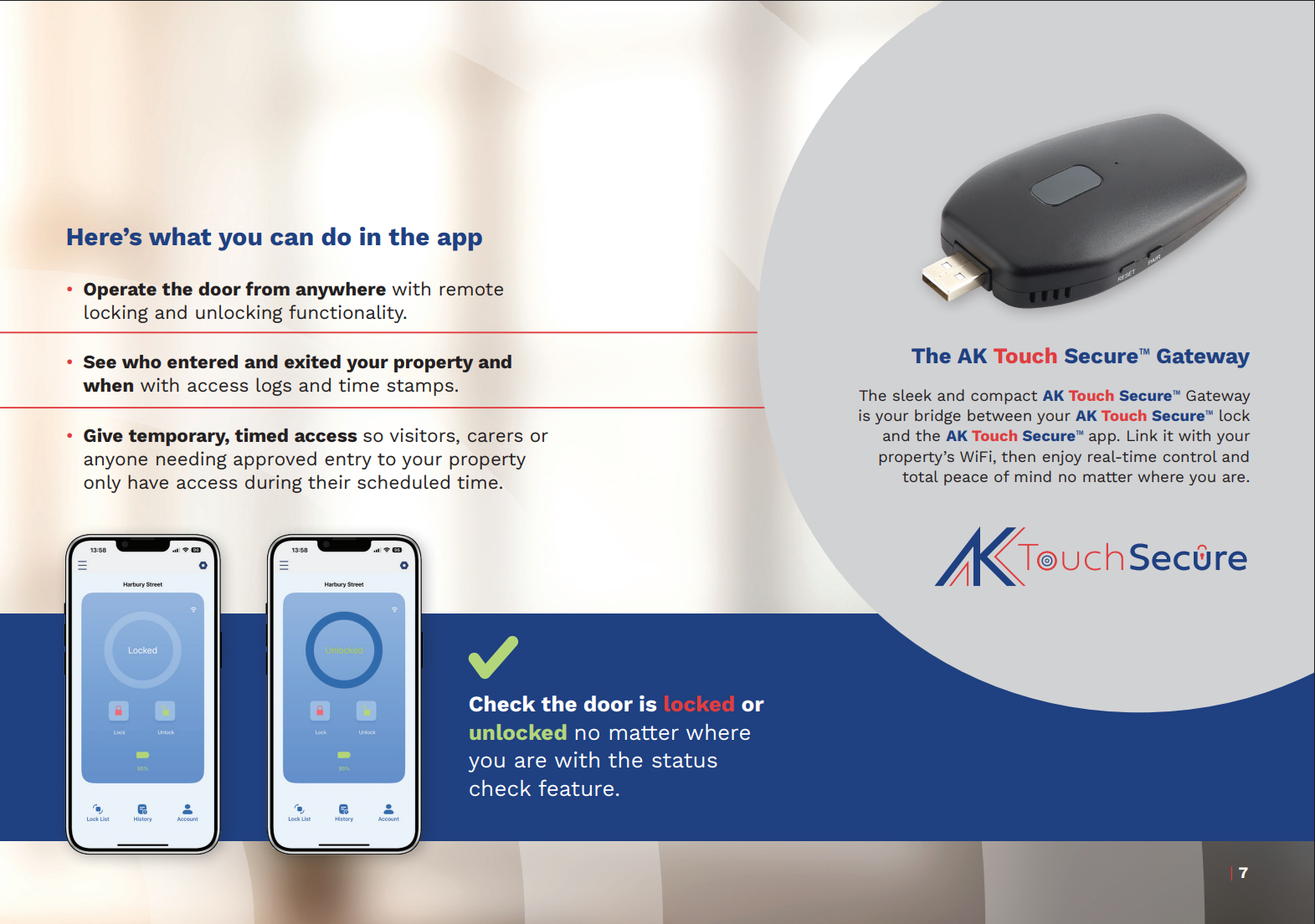AK Touch Secure Gateway device with smartphone app interface showing lock and unlock status, enabling remote door access and real-time monitoring.